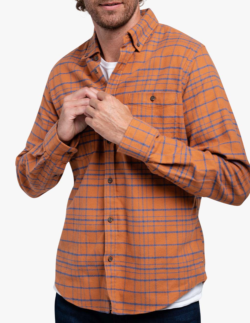 Men's orange stretch flannel shirt with plaid pattern